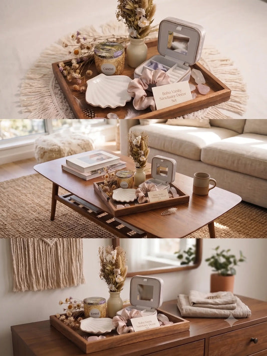 Three-panel product showcase of a boho vanity decor set on a wooden tray, featuring a velvet jewelry box, dried florals, shell dish, and candle, styled as a close-up, on a living room coffee table, and on a bedroom dresser.