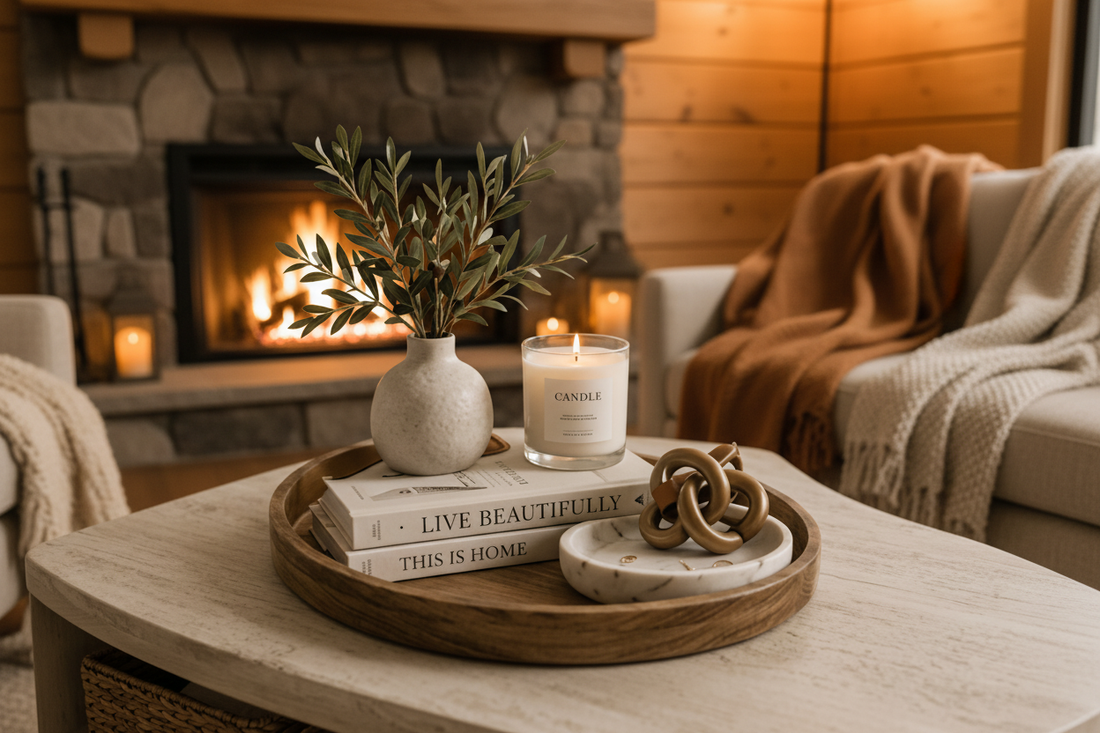 Styled coffee table with books, candle, and decorative objects in a warm California living room aesthetic