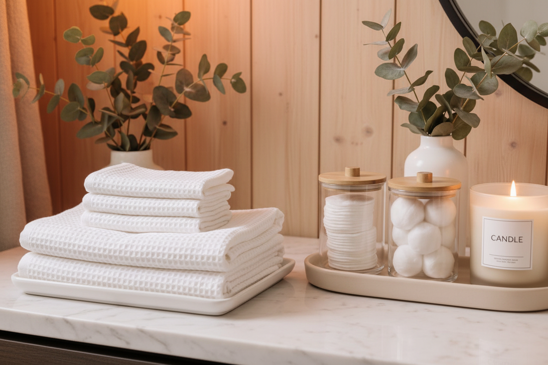 Minimalist bathroom vanity with waffle towels and spa-like decor for a clean, organized aesthetic