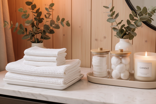 Minimalist bathroom vanity with waffle towels and spa-like decor for a clean, organized aesthetic