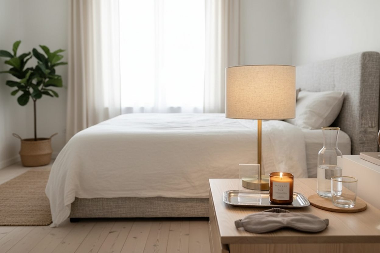 Modern bedroom interior with a styled nightstand featuring the Serene Nightstand Bundle, showcasing a minimalist aesthetic with neutral linen bedding and warm ambient lighting in a bright, airy room