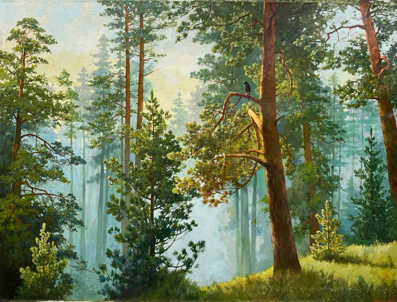 Sun-Dappled Pine Forest Original Oil Painting | Woodland Art
