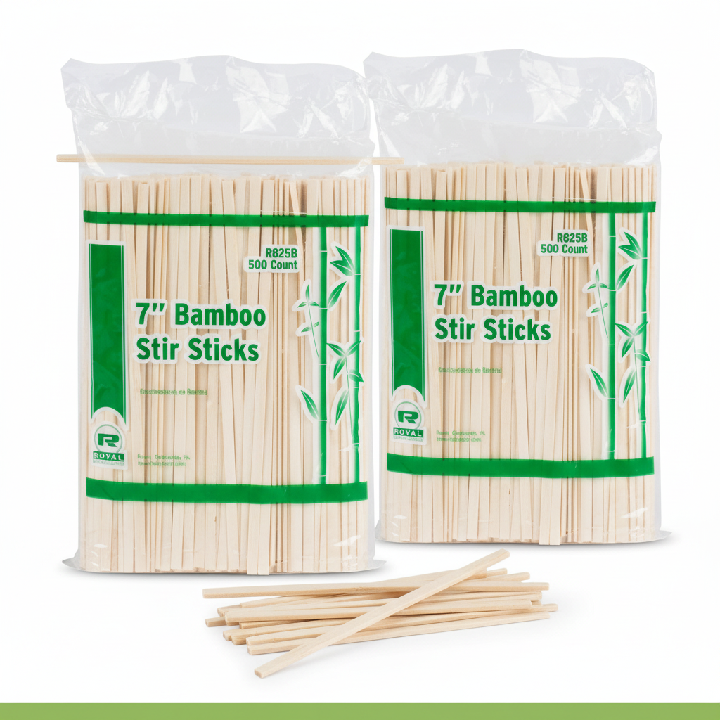 Two packs of Royal Paper R825B 7-inch Eco-Friendly Bamboo Coffee Stirrers, showing the original retail packaging.
