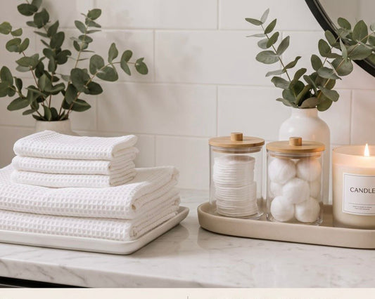 Minimalist bathroom vanity setup featuring the White Cloud Bundle with stacked white waffle towels, a ceramic tray, clear jars with bamboo lids, and a lit candle, creating a spa-like atmosphere