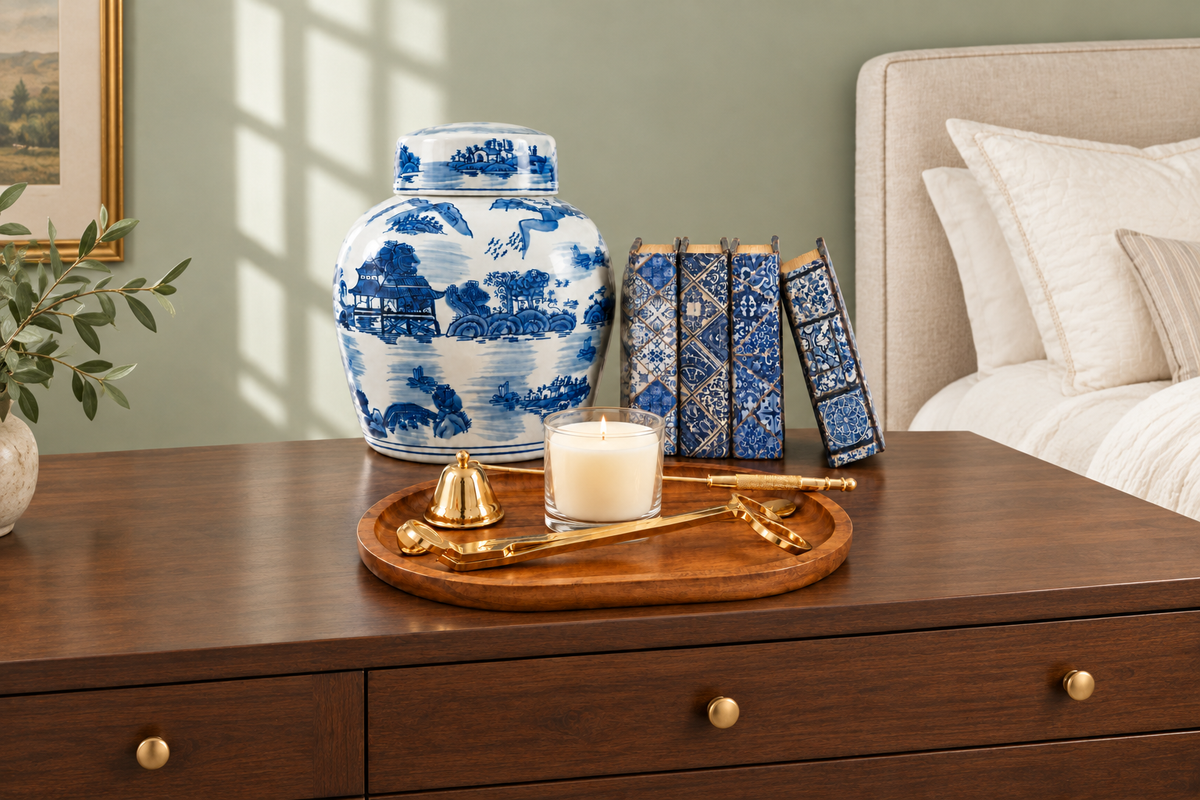 Blue and white ginger jar, book boxes, candle and gold-tone care tools on a wooden bedroom dresser