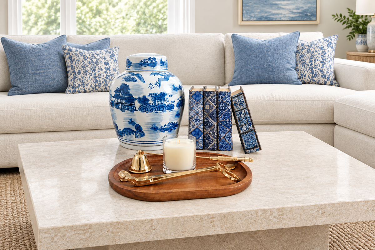 Chinoiserie ginger jar, book boxes, candle and wood tray styled on a coffee table in a bright living room