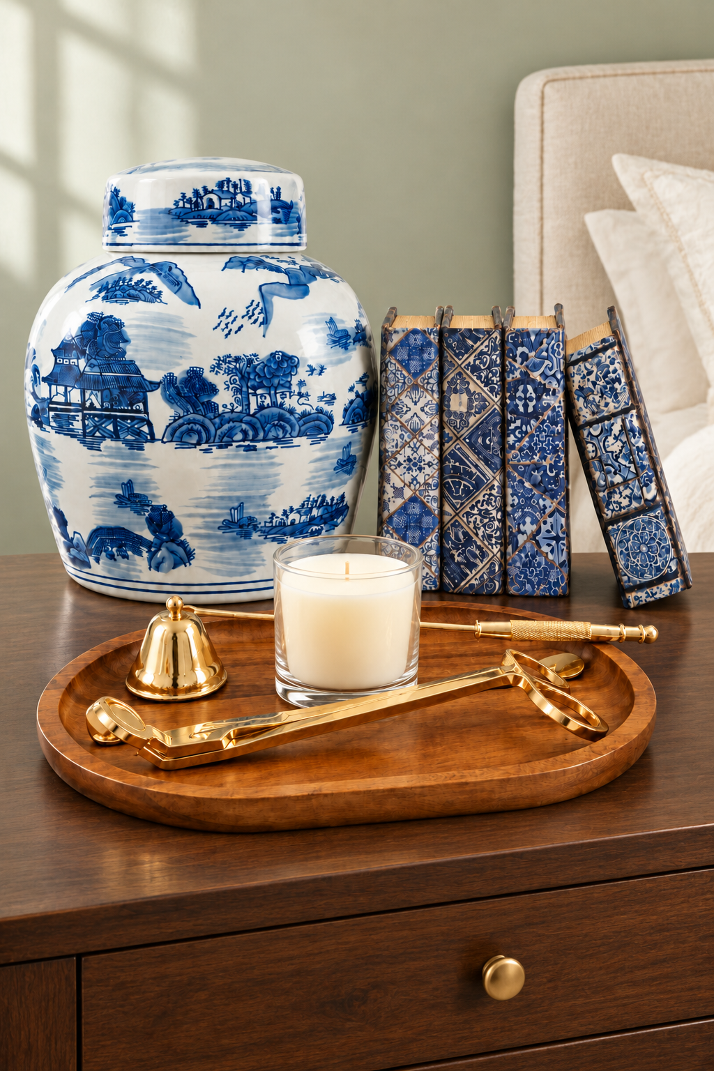 Close-up of a blue and white ginger jar, patterned book boxes and candle with gold-tone tools on a dresser