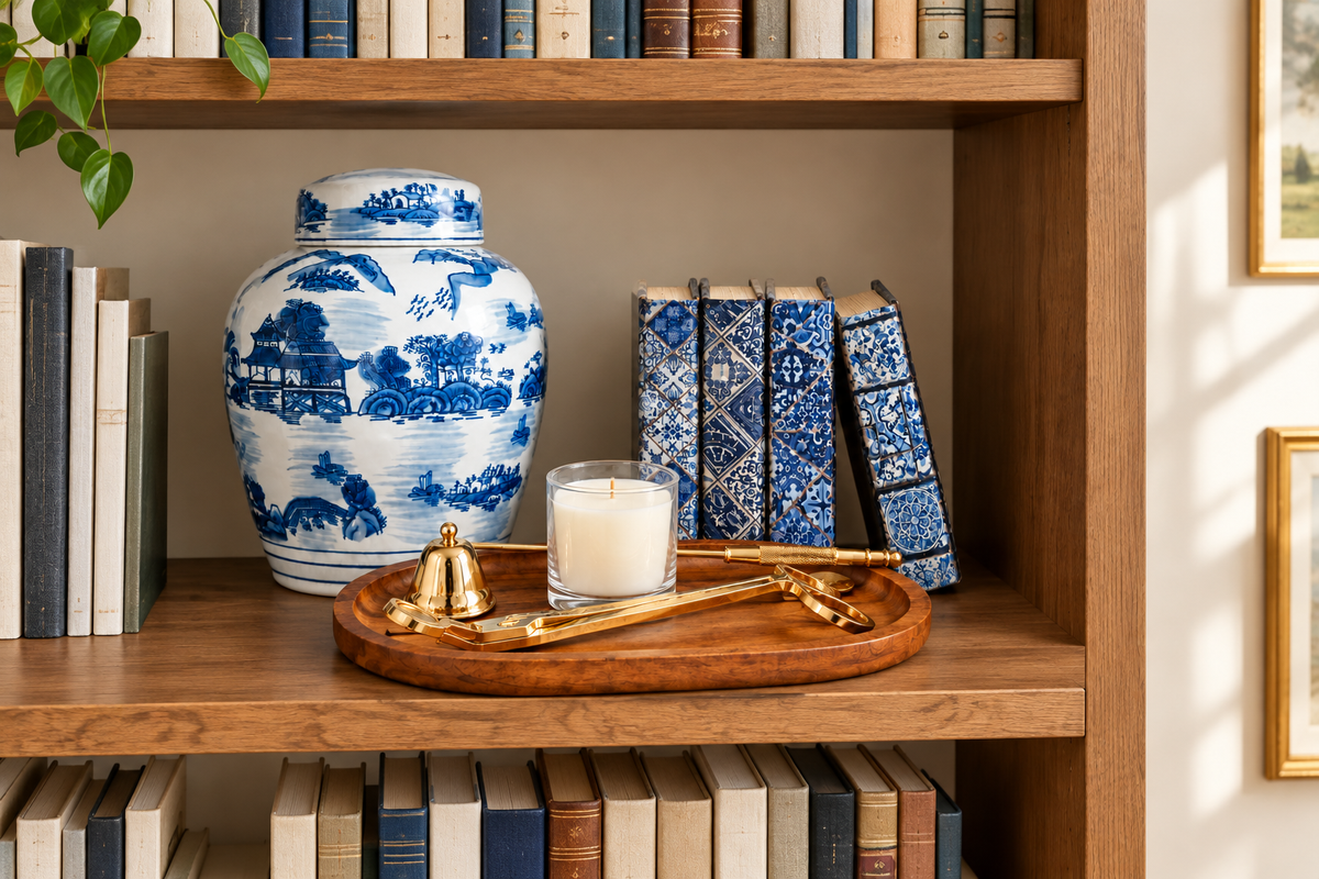 Blue and white ginger jar, decorative book boxes and candle on a wood tray displayed on a bookshelf