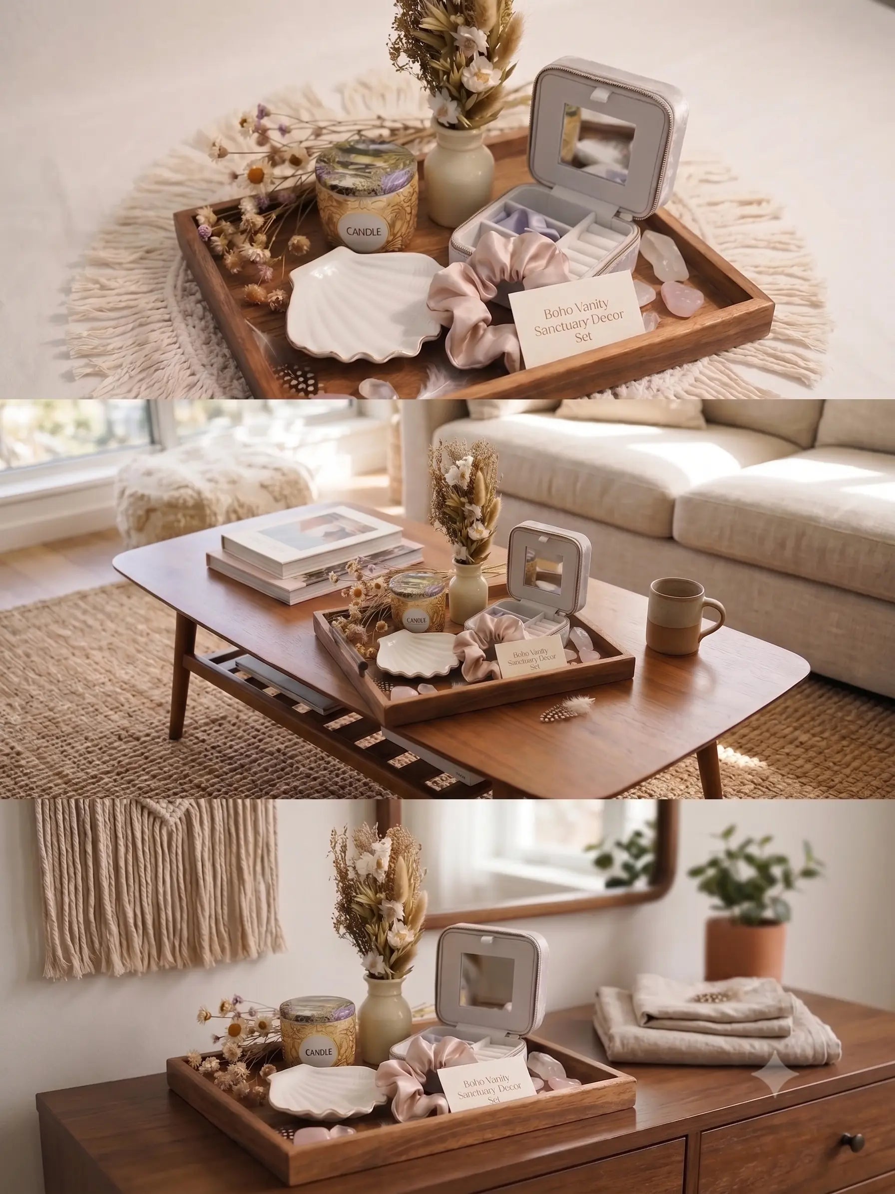 Three-panel product showcase of a boho vanity decor set on a wooden tray, featuring a velvet jewelry box, dried florals, shell dish, and candle, styled as a close-up, on a living room coffee table, and on a bedroom dresser.
