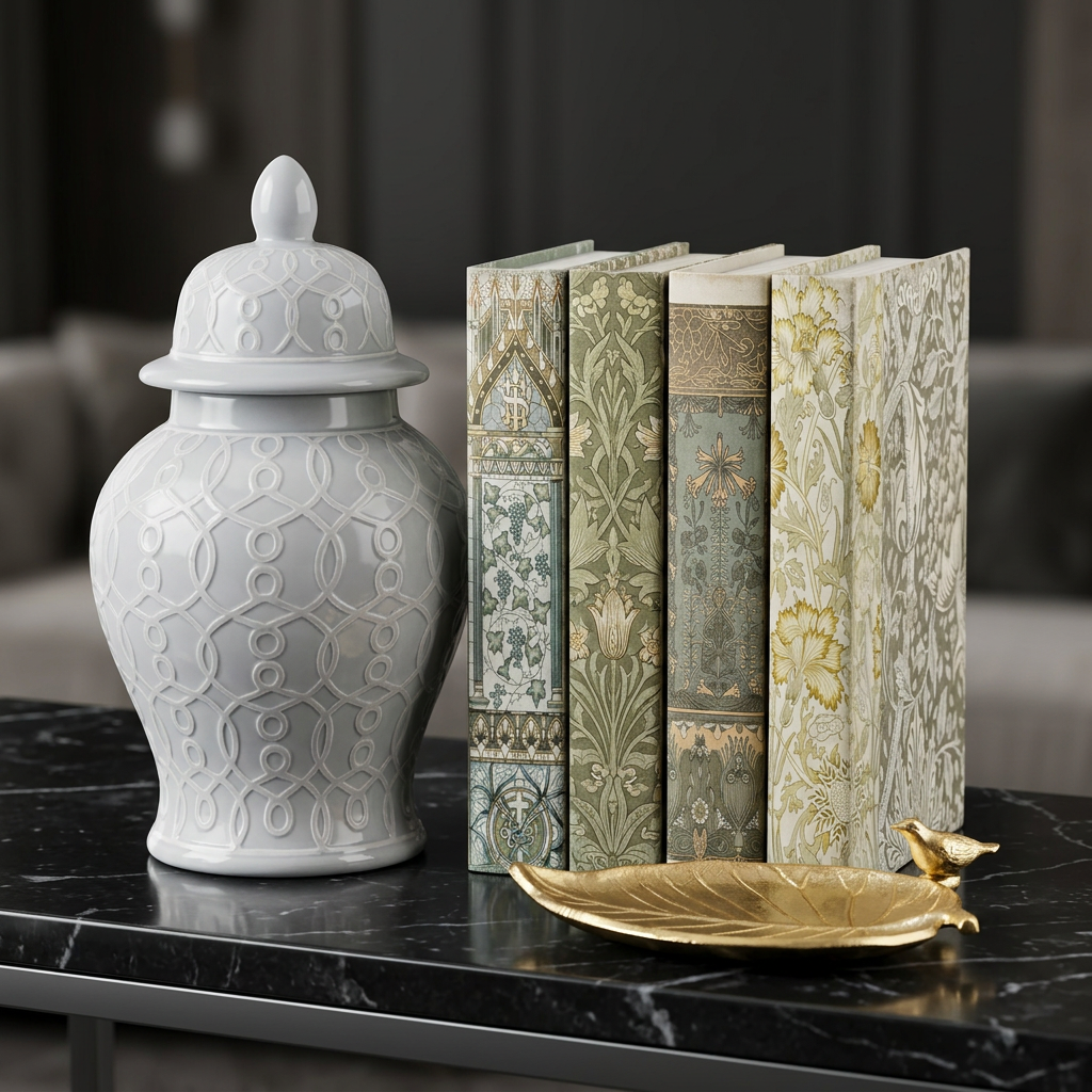 Vintage botanical book boxes and gold leaf tray on black marble
