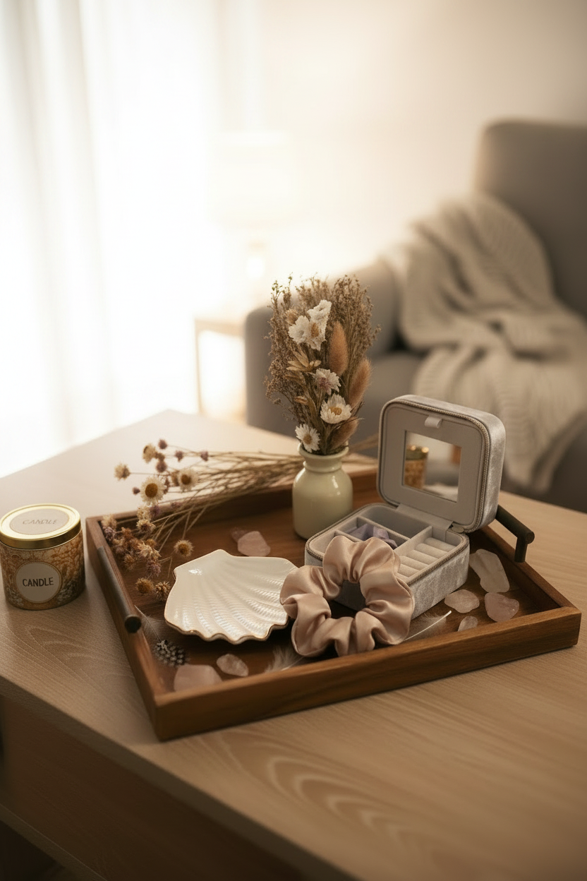 Modern organic living room decor showcasing the curated boho sanctuary tray set on a low wood coffee table. The tray holds the velvet jewelry box, dried floral arrangement, and scented candle, positioned next to aesthetic art books, a ceramic mug, a textured jute rug, and a cozy beige linen sofa.