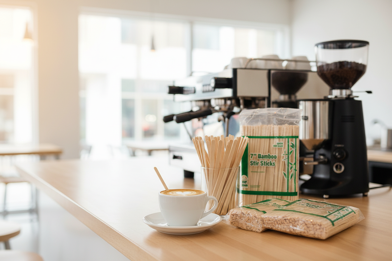 Premium Bamboo Coffee Stirrers R825B by Royal Paper on a café counter, shown in use in a hot latte and displayed in a small vase next to two packs.