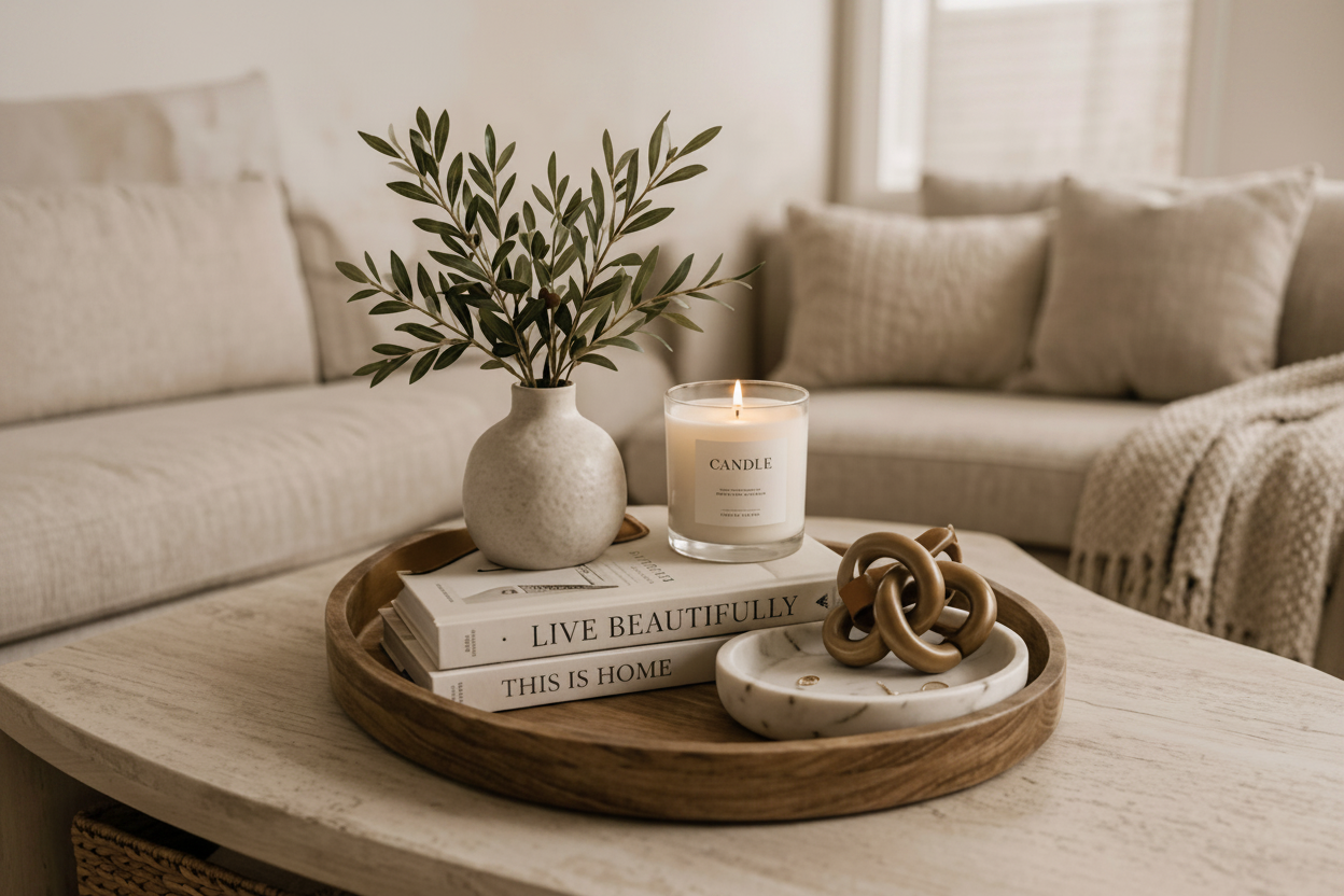 Curated coffee table decor set featuring a round acacia wood tray, white marble catchall bowl, and a luxury scented candle on a modern oak table.