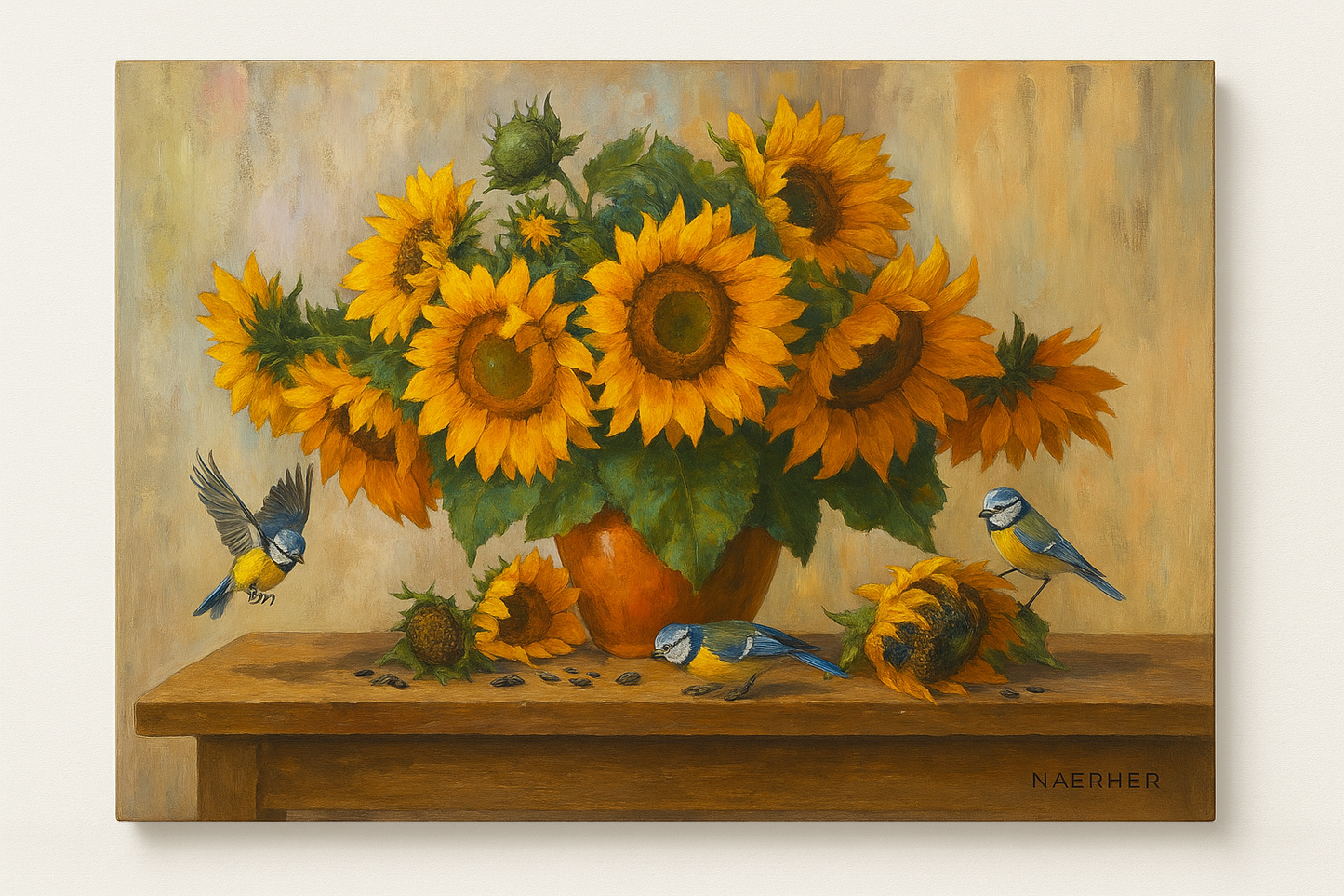 Vibrant Sunflower & Blue Birds Original Oil Painting