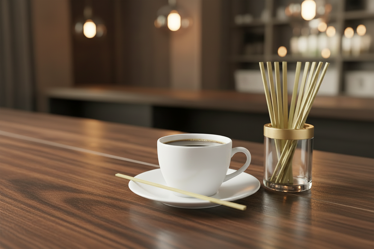 Royal Paper 7" Bamboo Coffee Stirrers R825B:  a smooth stir stick in a hot latte and a small vase full of bamboo stirrers.