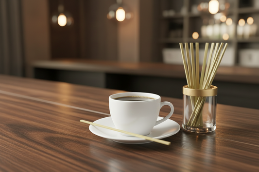 Royal Paper 7" Bamboo Coffee Stirrers R825B:  a smooth stir stick in a hot latte and a small vase full of bamboo stirrers.