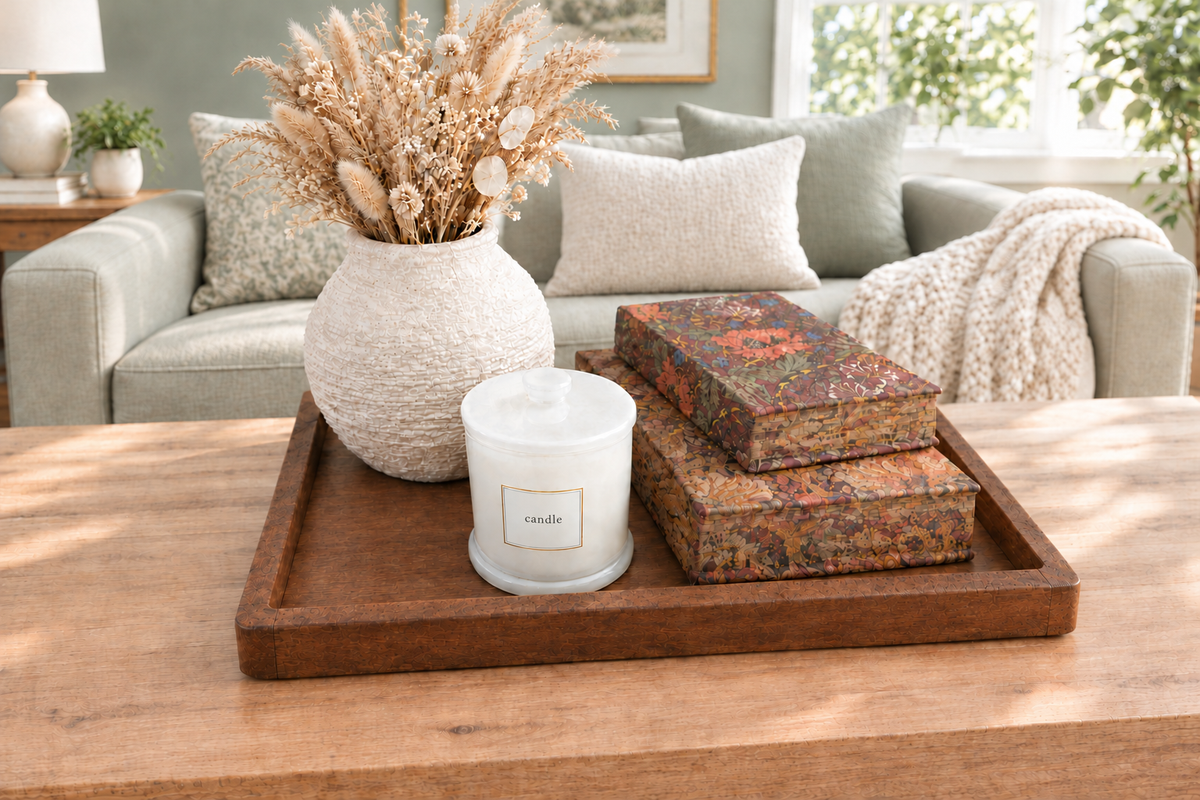 White textured vase with dried flowers, candle, and floral decorative books on a wooden tray in a living room with a sage green wall.