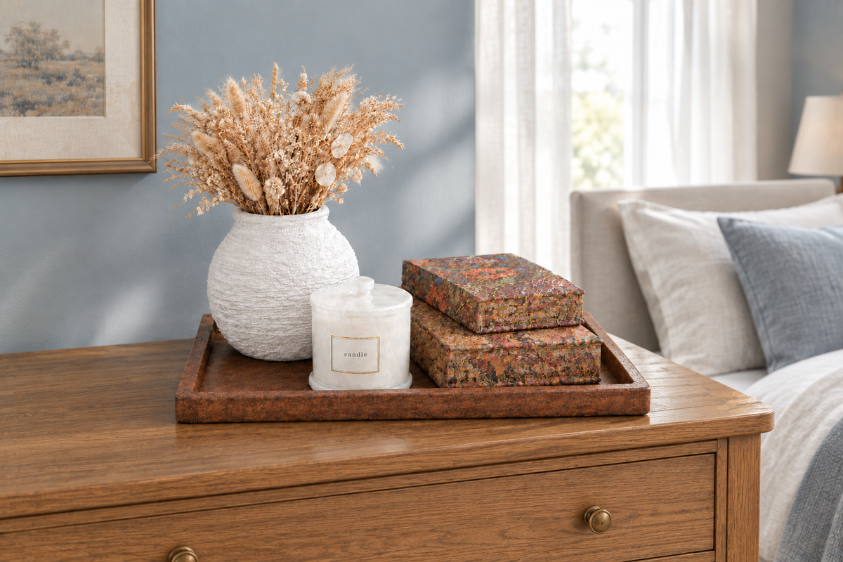White textured vase with dried flowers, candle, and floral decorative books on a wooden tray atop an oak dresser in a bedroom