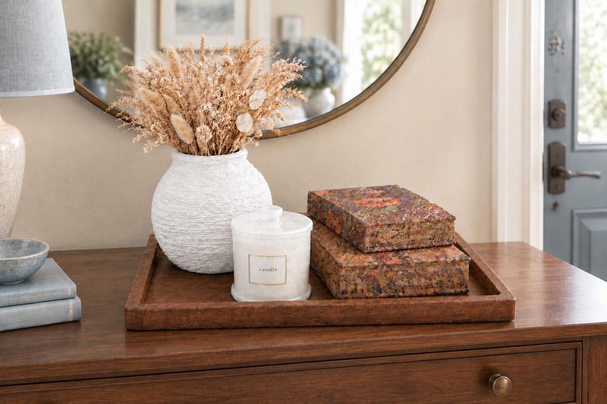 White textured vase with dried flowers, candle, and floral decorative books on a wooden tray atop an entryway console table.