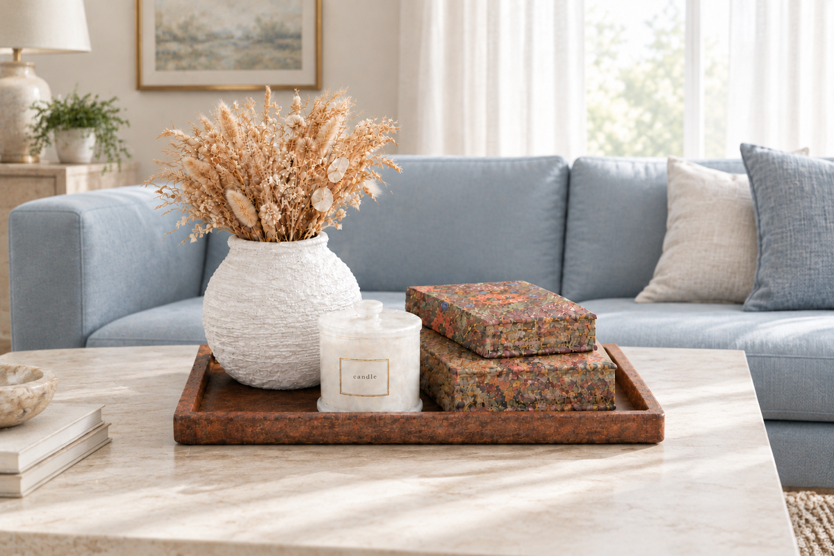 “White vase with dried flowers, candle, and floral decorative books on a wooden tray atop a stone coffee table in a living room with a blue sofa.