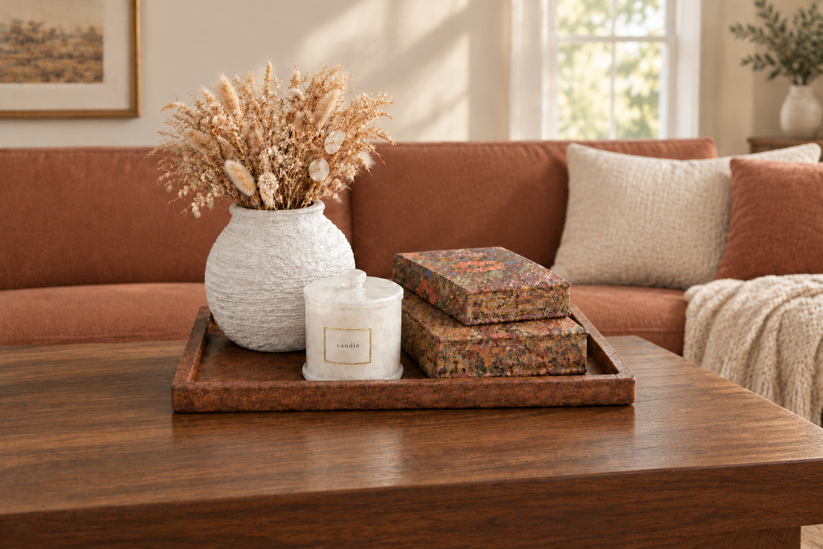 Decorative bundle with a white vase, dried flowers, candle, and floral books on a wooden tray beside a terracotta sofa