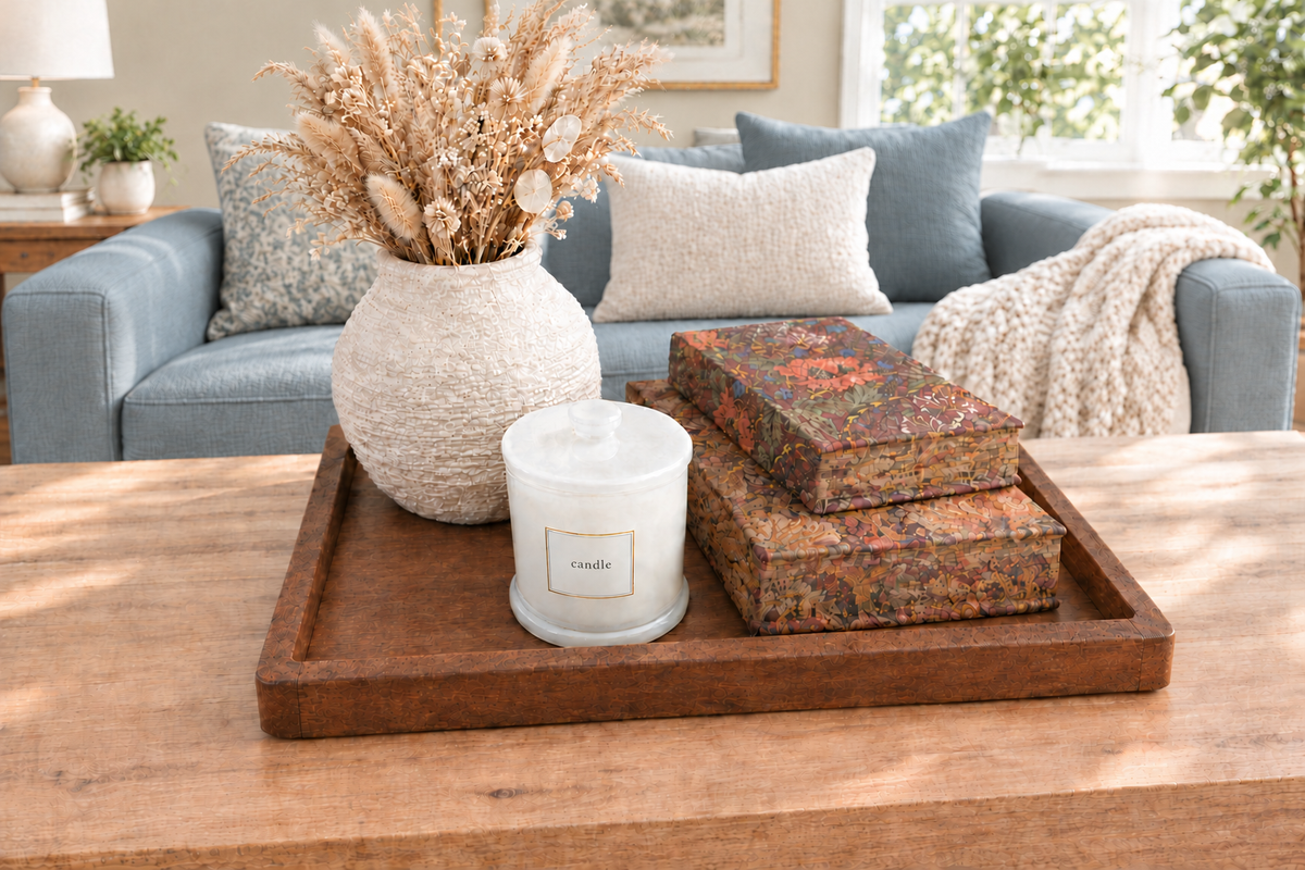 White textured vase with dried flowers, candle, and floral decorative books arranged on a wooden tray on a coffee table in front of a light blue sofa.