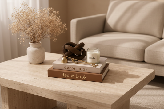 Close-up of a 5-piece curated home styling set arranged on a minimalist round coffee table. A dark wood chain link rests on stacked decorative books next to a glass candle and gold trimmer.