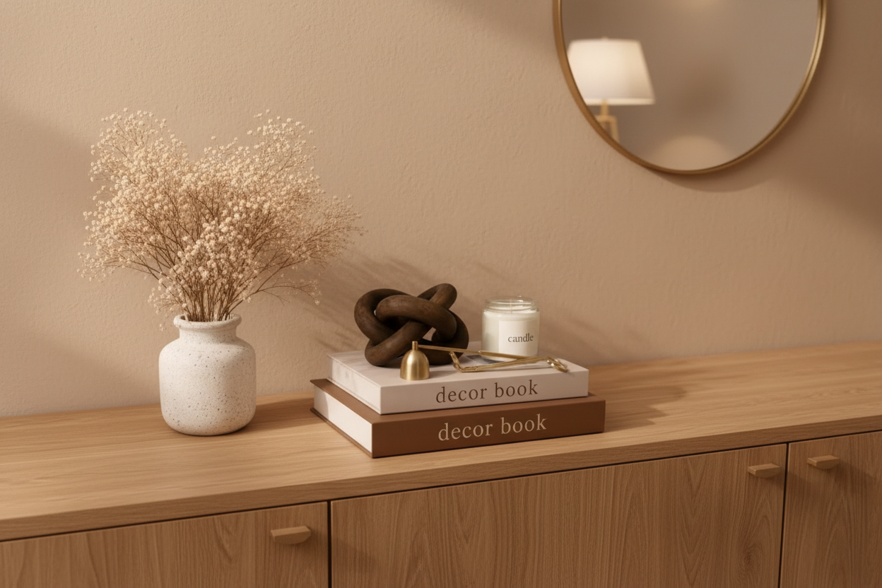 Curated modern home decor bundle displayed on a textured wooden console table, with leaf shadows on the neutral wall. Includes decorative books, a dark wood knot sculpture, and gold candle accessories.