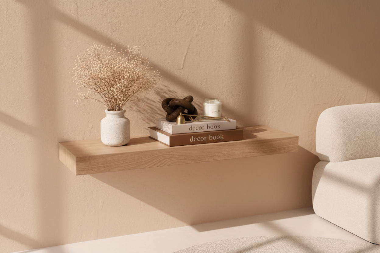 Stylized open shelving featuring a modern decor bundle. Decorative books are stacked horizontally, topped with a wood chain link, next to a glass jar candle and brushed gold wick care tools.