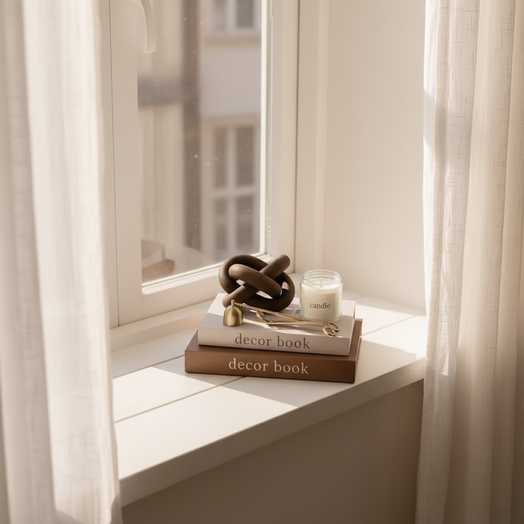 Natural light scene of a minimalist decor bundle on a wide stone windowsill. Features two aesthetic decor books, a dark wood knot, and a soy wax candle in soft morning light.
