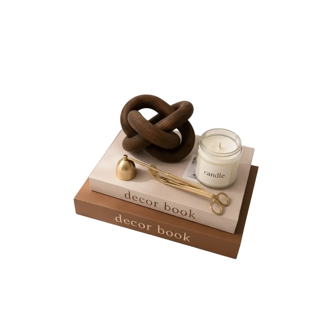 Japandi-style coffee table decor bundle on a solid white background, featuring two decorative books, a dark wood chain link, a glass jar soy candle, and a 3-piece brushed gold candle care set.