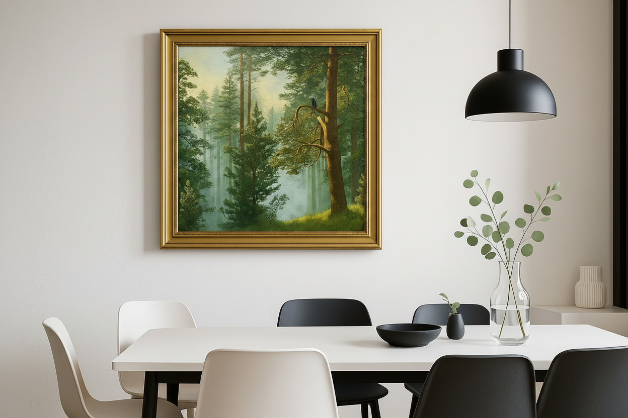 Dining room with vertical forest painting