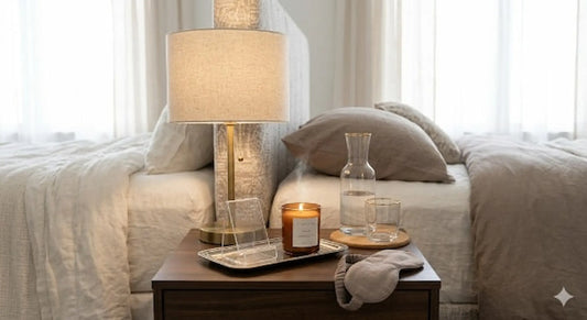 A curated luxury bedside decor bundle titled Serene Nightstand Ritual, featuring a brass lamp with a linen shade, an amber glass Casaluna candle, a clear acrylic phone stand, and a glass water carafe on a silver tray.