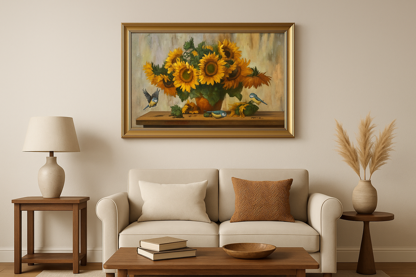 Vibrant Sunflower & Blue Birds Original Oil Painting