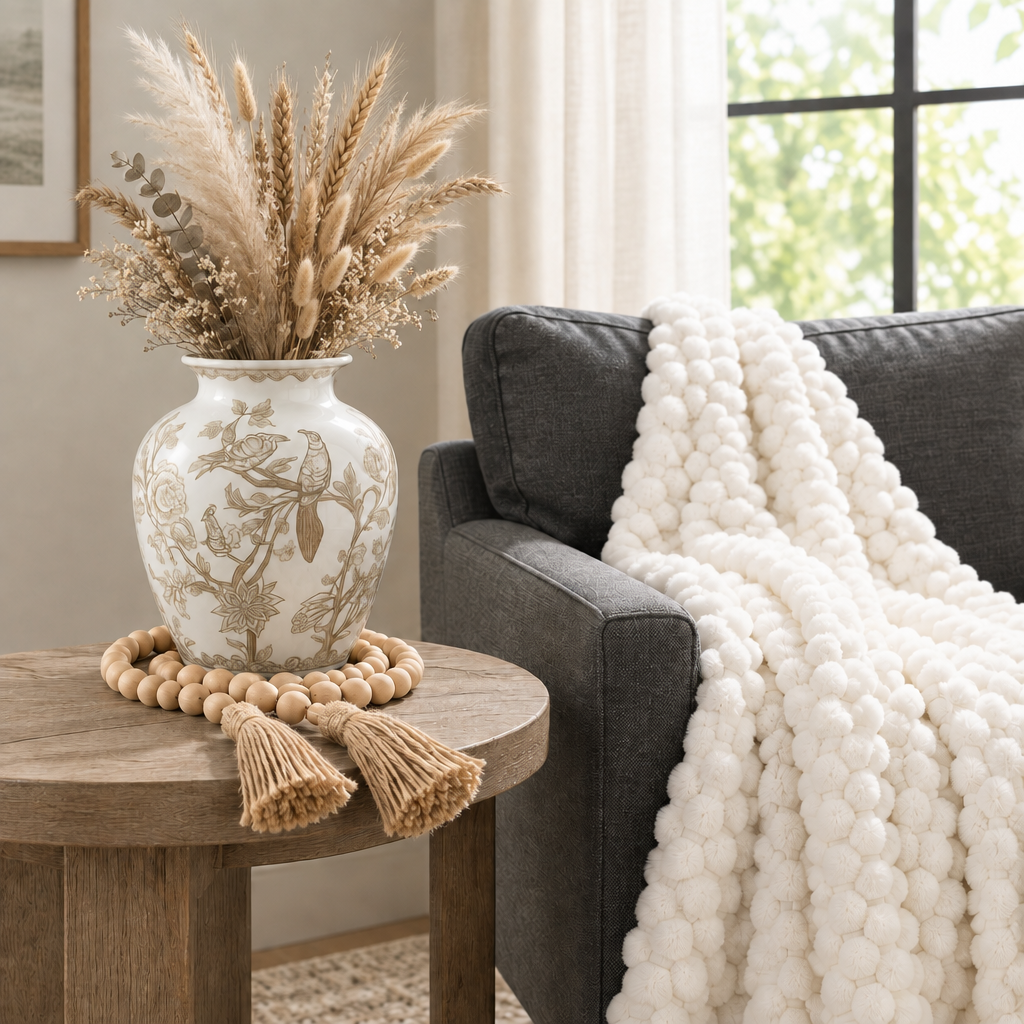 Warm natural daylight illuminates a coffee table styled with a ceramic chinoiserie-patterned vase holding dried botanicals and wheat stalks, accompanied by a wooden bead garland with jute tassels, with a soft cream knit throw blanket draped on a rust sofa in the background.
