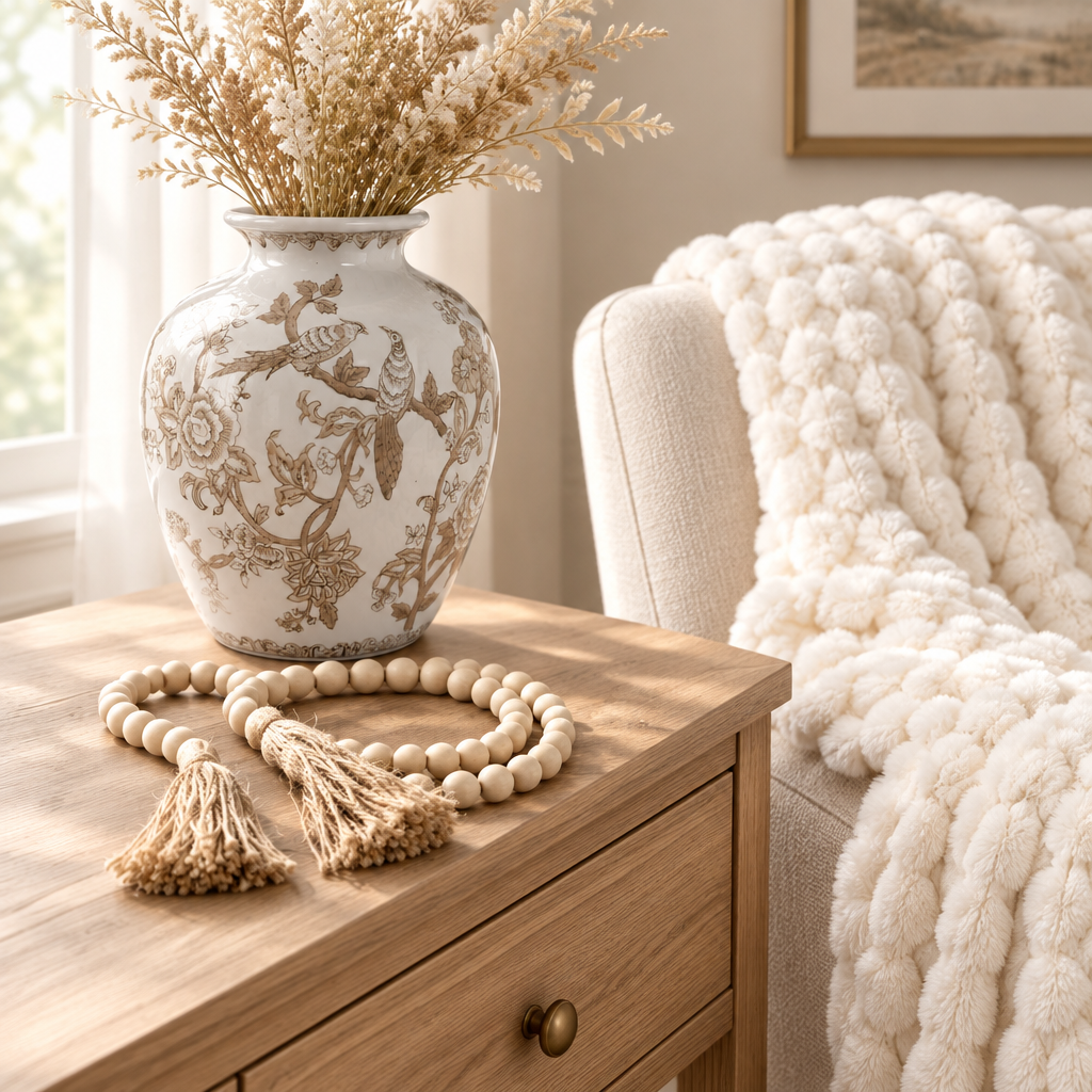 Warm and inviting foyer styling idea featuring neutral dried floral bouquet in chinoiserie jar on an entryway table