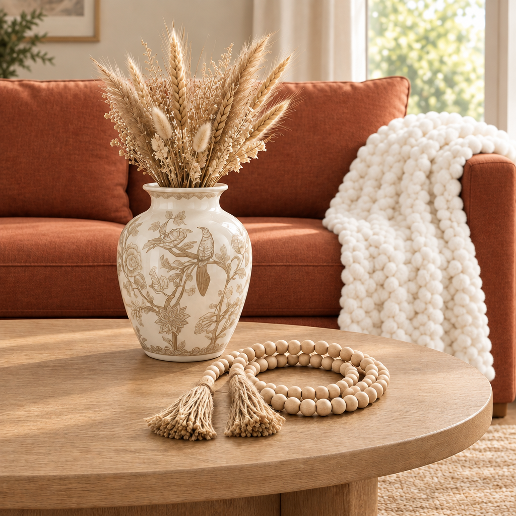 Living room coffee table styling set featuring botanical chinoiserie vase with dried wheat bouquet, natural wood bead garland, and cream textured throw blanket on sofa