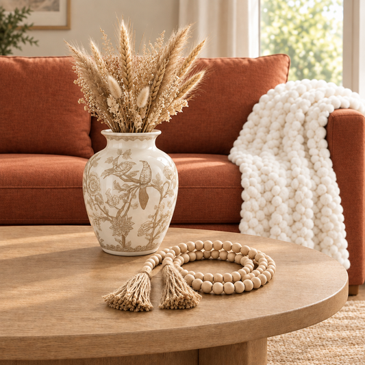 Living room coffee table styling set featuring botanical chinoiserie vase with dried wheat bouquet, natural wood bead garland, and cream textured throw blanket on sofa