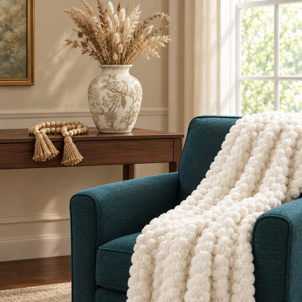 Cozy living room decor featuring a textured cream throw blanket draped on a rust sofa beside a floral ceramic vase centerpiece