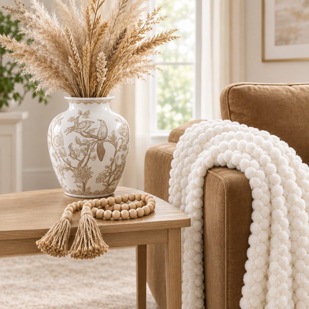 Close-up of smooth natural wood bead garland and detailed brown chinoiserie vase artwork on a wooden living room table