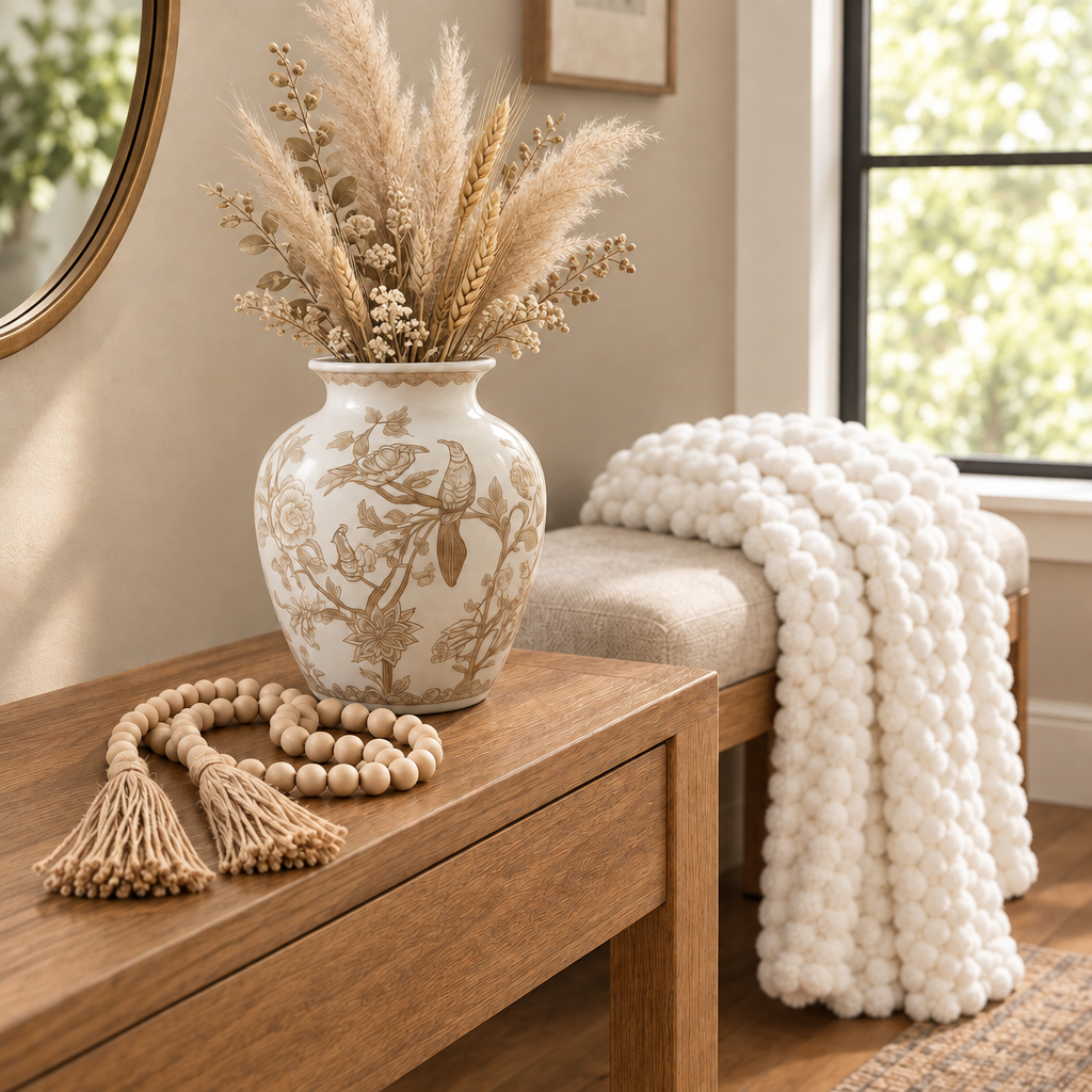 Entryway console table decor set with tall botanical porcelain vase, dried wheat plumes, and wooden bead accent