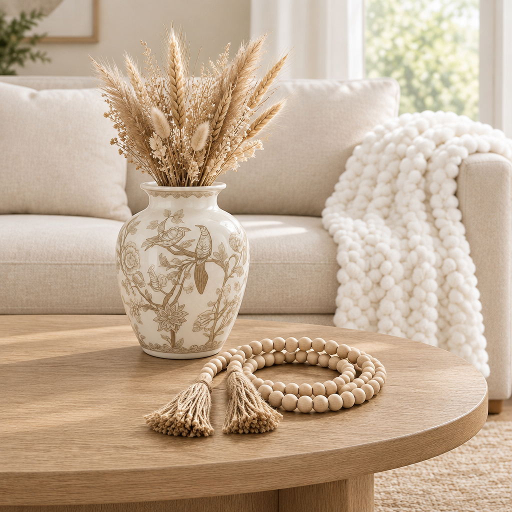 Living room coffee table styled with a porcelain chinoiserie vase, dried wheat bouquet, and natural wood bead garland
