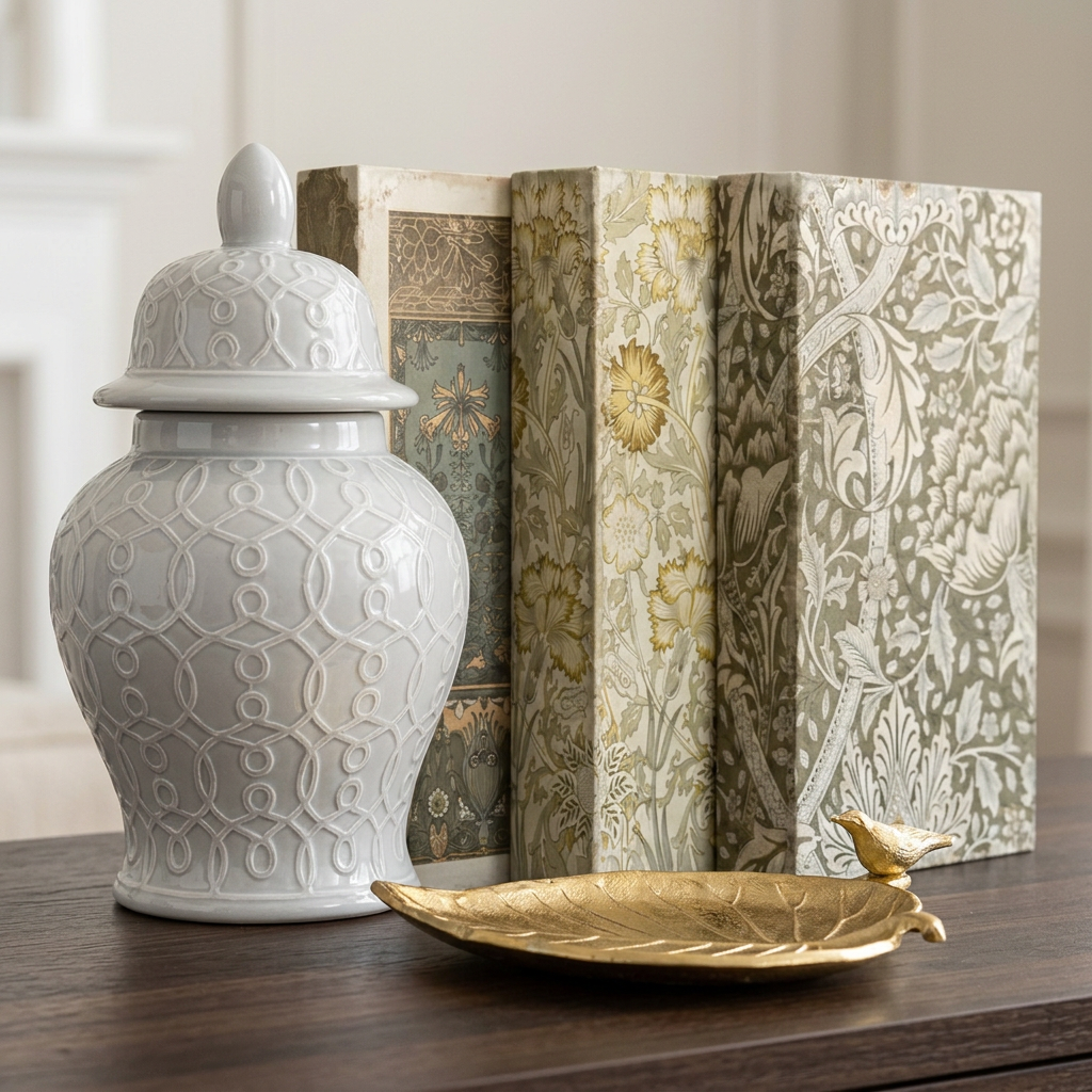 Light gray ginger jar in front of botanical book boxes with a gold leaf tray on dark wood
