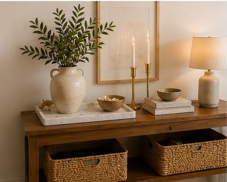 A complete 12-piece entryway decor bundle including abstract wall art, a ceramic lamp, and olive branches styled on a wooden console table.