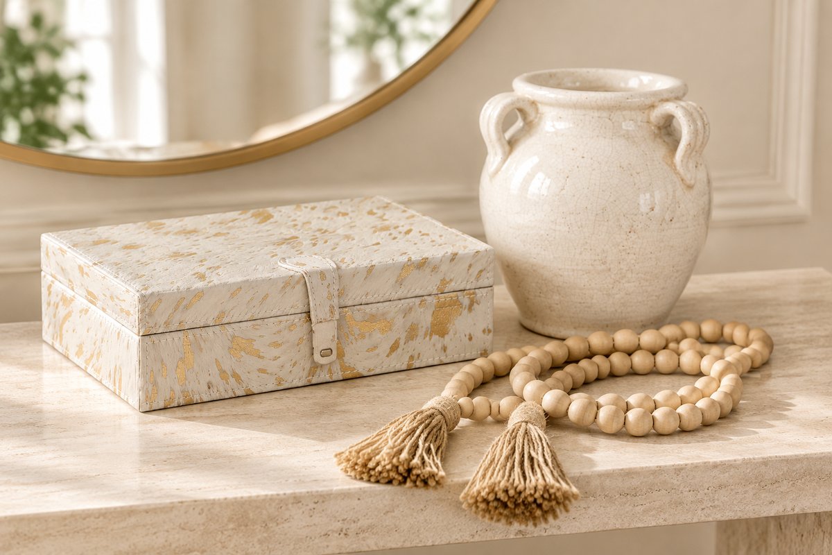White crackle terracotta vase with four handles, cream and gold keepsake box and wood bead garland on a light oak shelf
