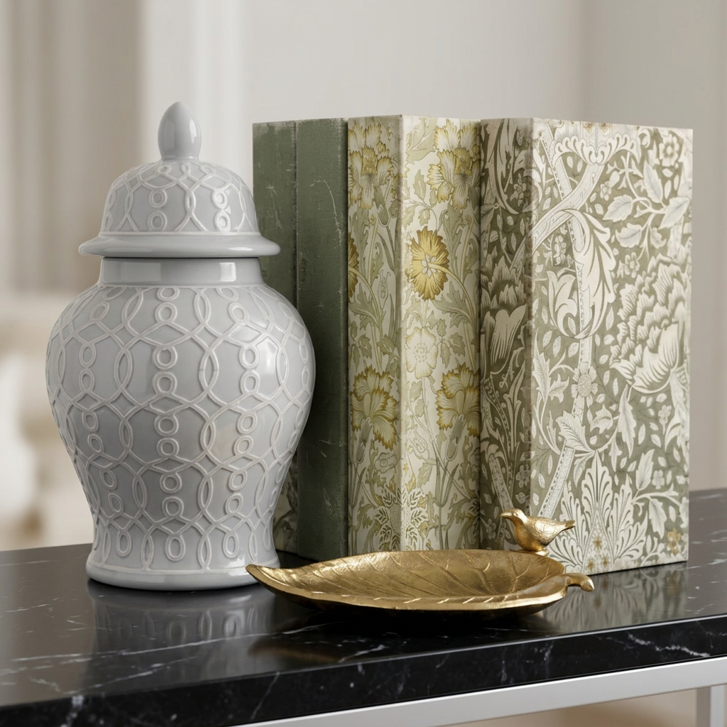 Light gray ginger jar in front of vintage botanical book boxes on a black marble surface