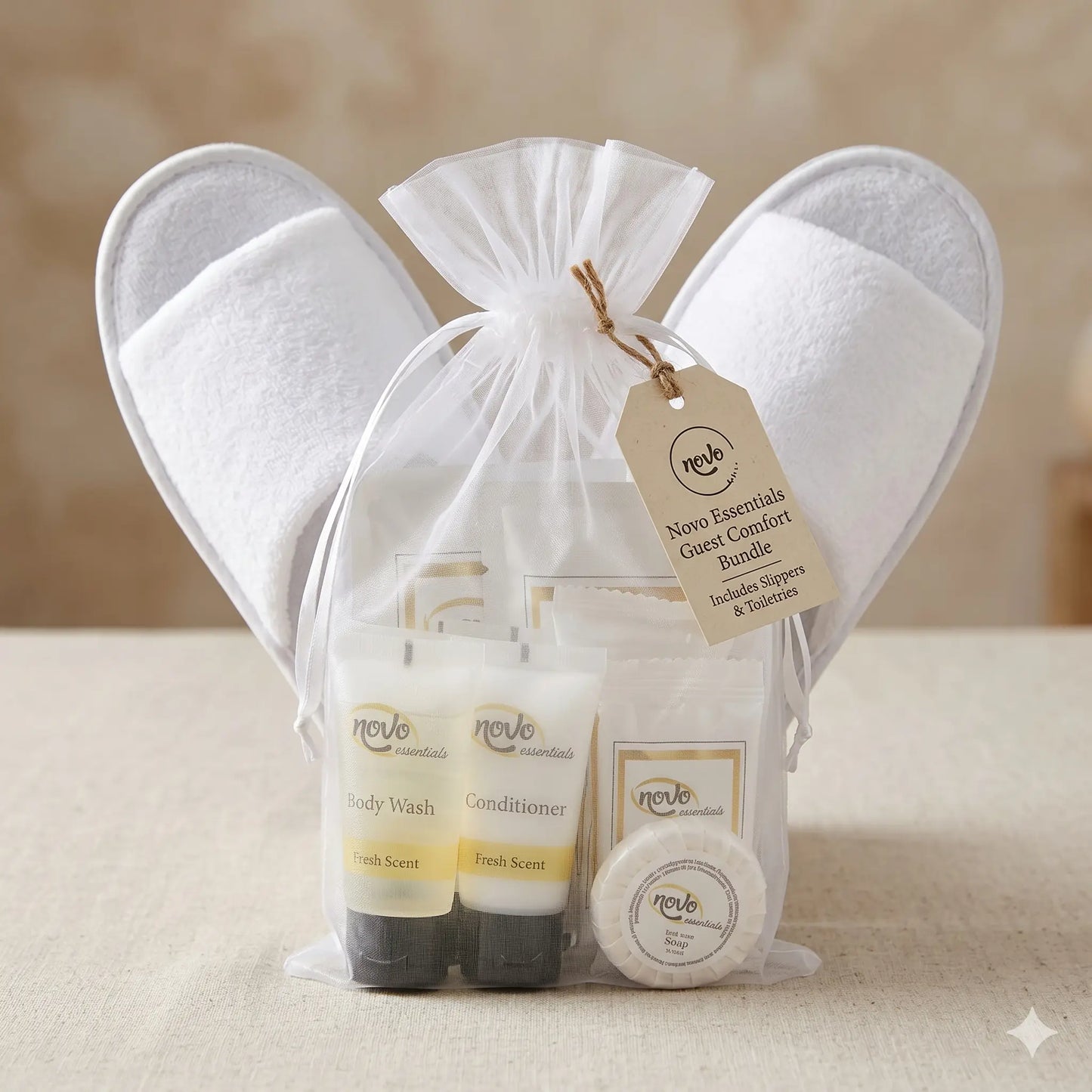 Luxury Guest Comfort Bundle | Garnier-Thiebaut Premium Spa Slippers & Novo Essentials 10-Piece Toiletries Gift Set