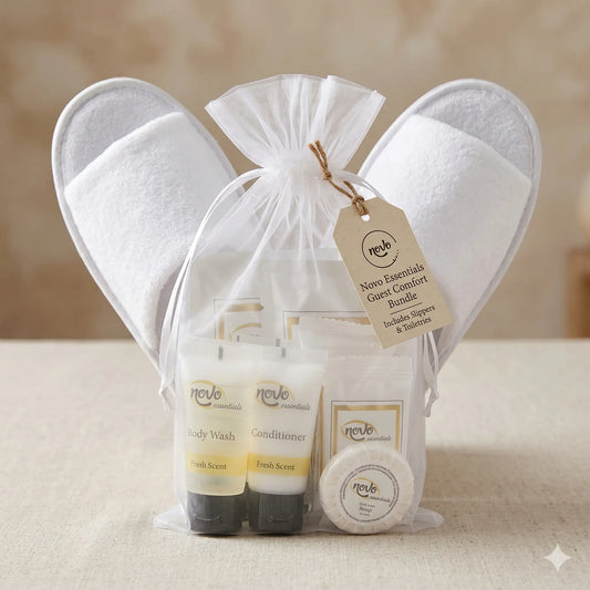 Luxury Guest Comfort Bundle | Garnier-Thiebaut Premium Spa Slippers & Novo Essentials 10-Piece Toiletries Gift Set