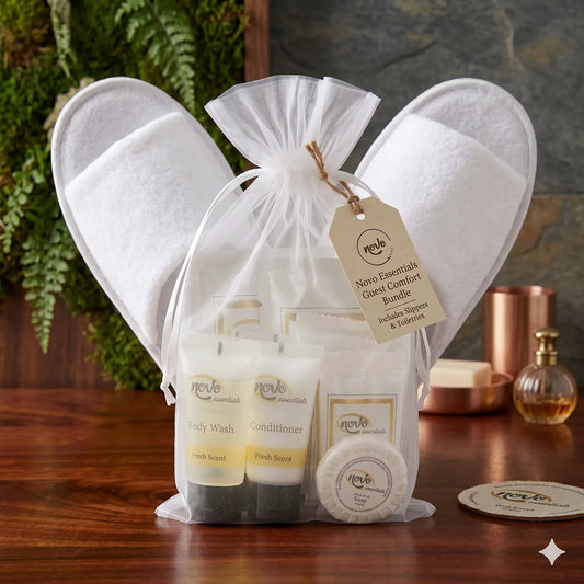 Luxury Guest Comfort Bundle | Garnier-Thiebaut Premium Spa Slippers & Novo Essentials 10-Piece Toiletries Gift Set