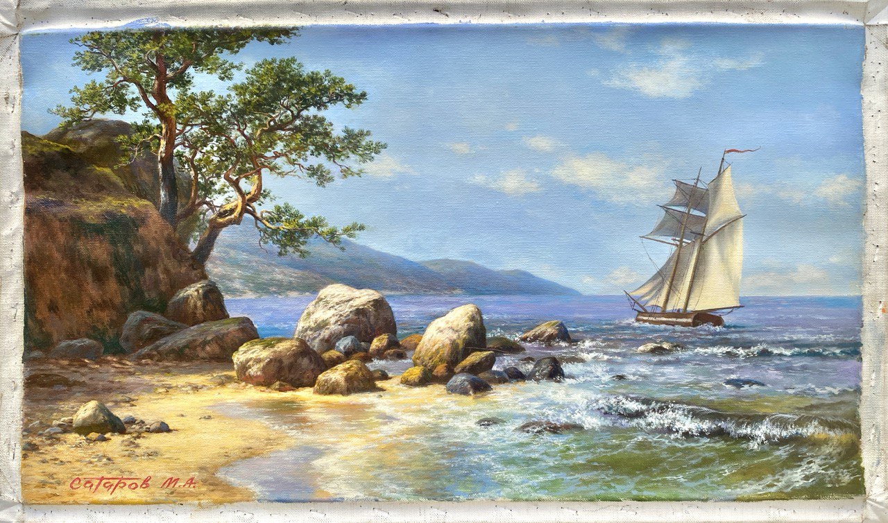 Vintage maritime oil painting of a majestic sailing ship on azure ocean waters with a rocky sun-kissed shoreline, classic coastal wall art for nautical home decor.